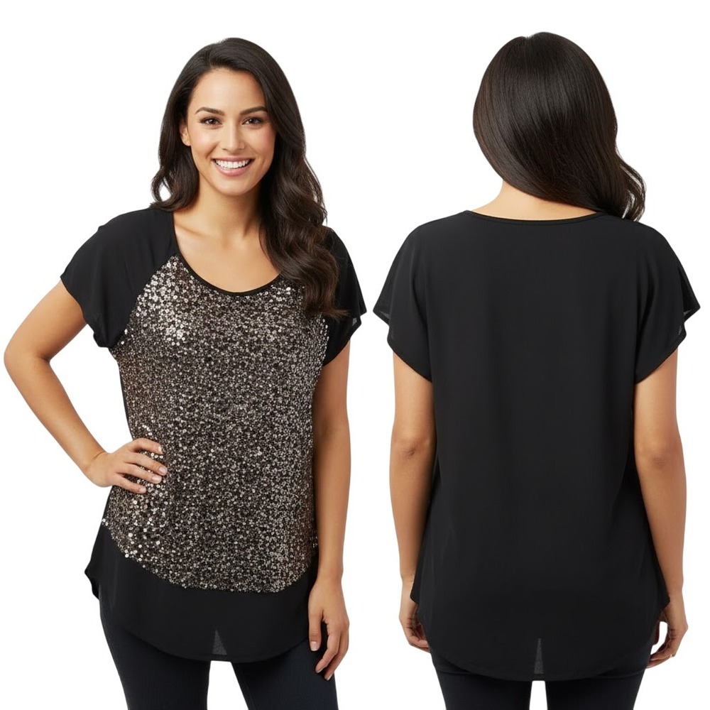 PerSeption Concept Top Pullover Size S Gold Sequin Front Shimmer Glam Party